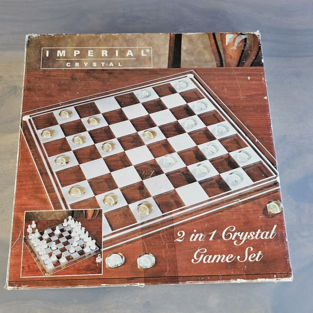 Imperial Crystal 2 in 1 Set Clear & Frosted Glass Chess & Checkers Game Complete